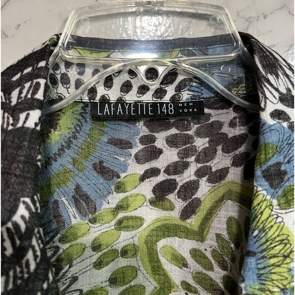 Lafayette 148 Womens Top Linen Blend Floral Print Blue Brown Front Tie Size 8 - Picture 5 of 7